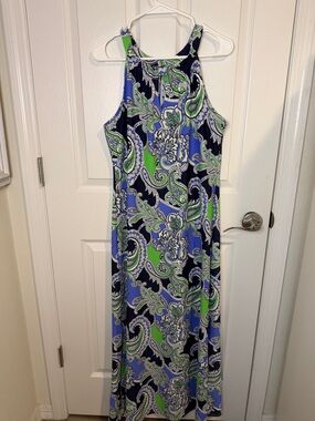 Jude Connally Dress Women Blue Green Paisley halter style Stretch Knit Made USA